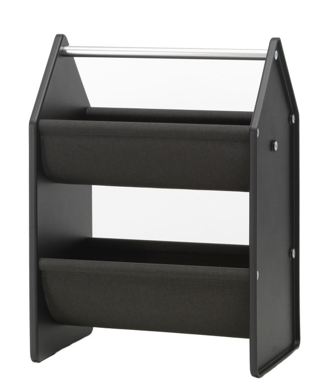 Schwarze Vitra Drop Box Aufbewahrungsbox mit zwei Stofffächern und silbernem Griff für Kinderzimmer.